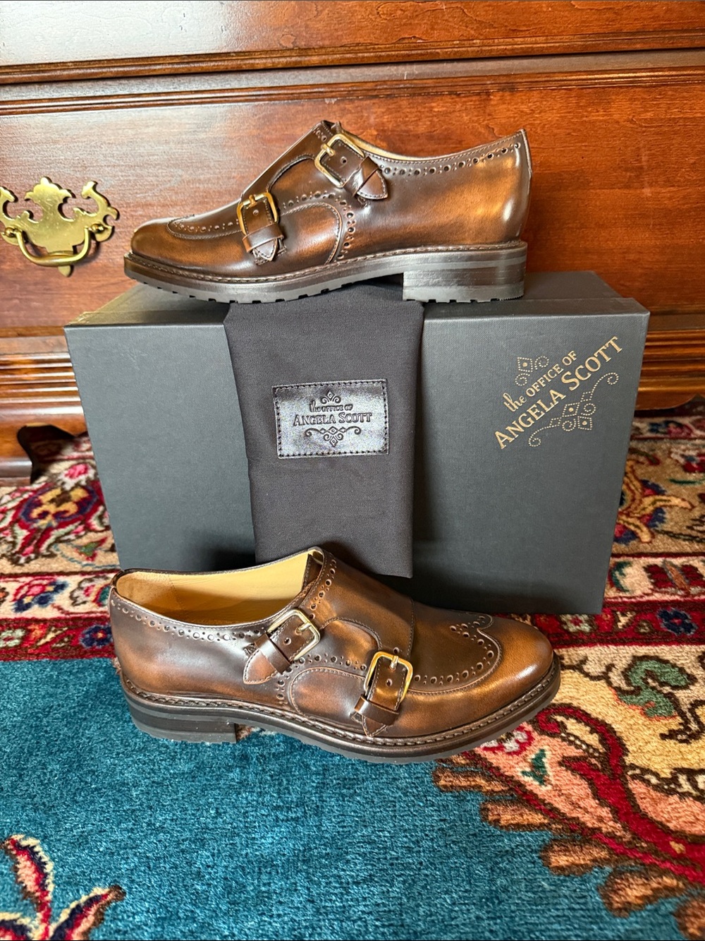 Angela Scott women’s Brown Leather Double Monk Strap Oxfords
